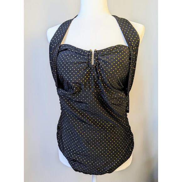 NEW Pure Energy One Piece Swimsuit 20W Black Ebony w/ Gold Pindot Halter Tie - Picture 2 of 11